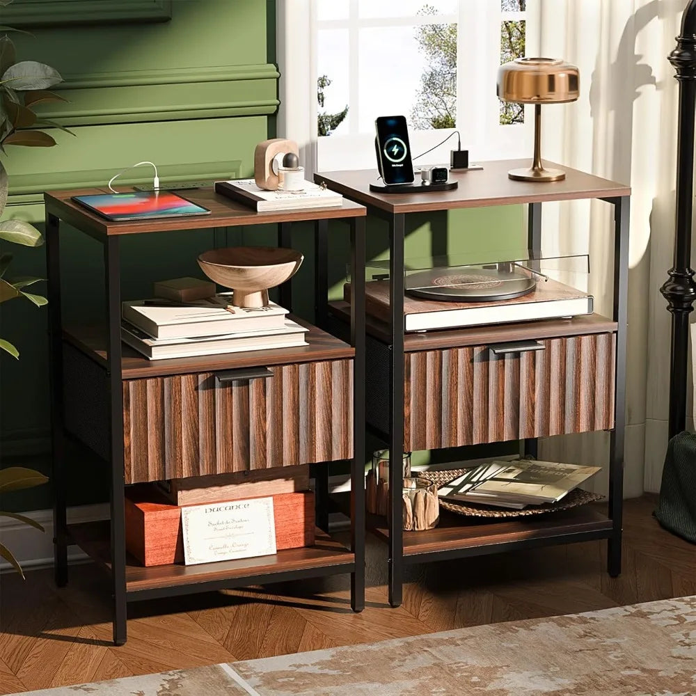 Black Nightstands Set of 2 with Fabric Drawers