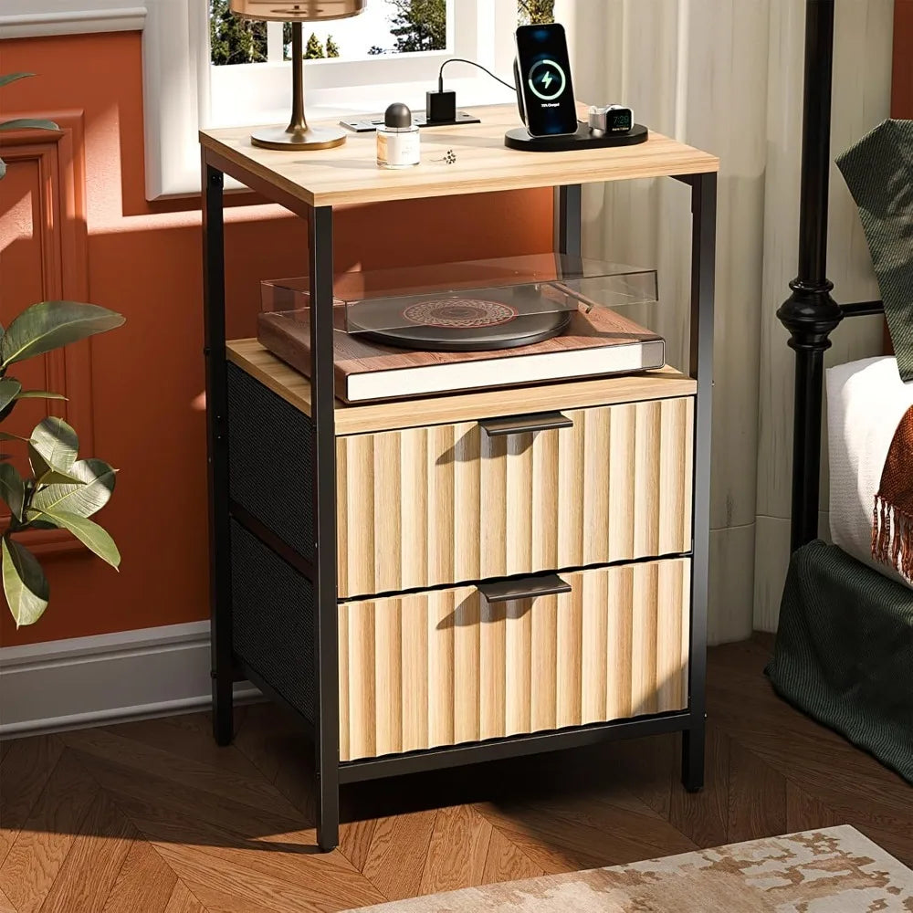 Black Nightstands Set of 2 with Fabric Drawers