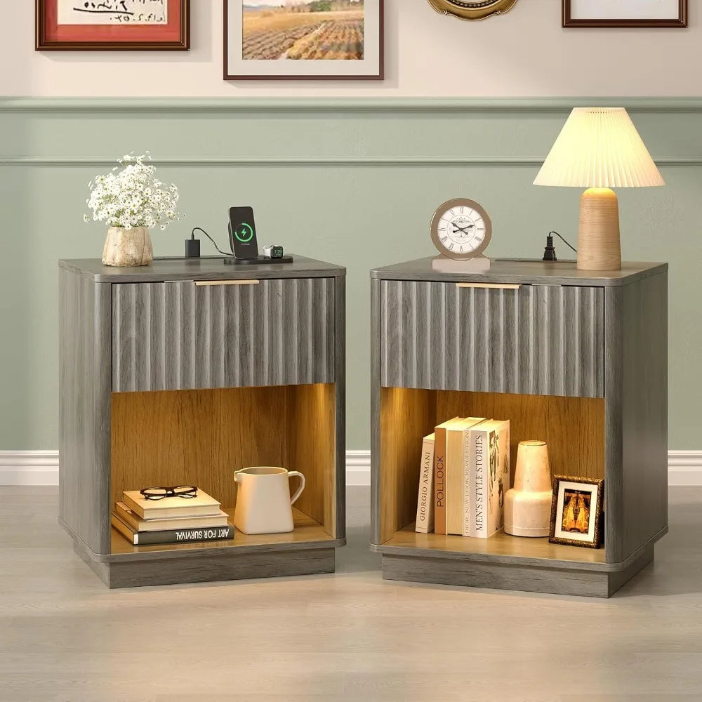 Black Nightstands Set of 2 with Fabric Drawers
