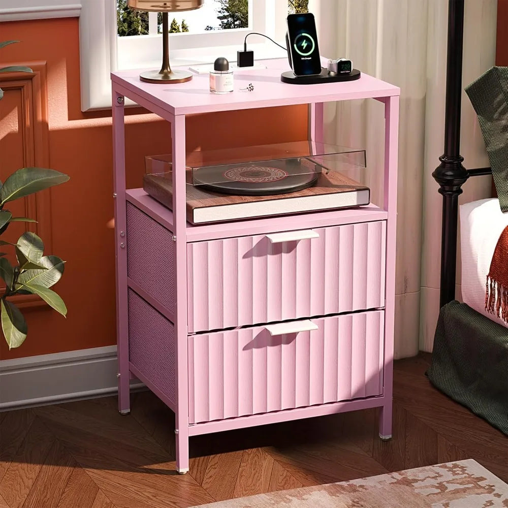 Black Nightstands Set of 2 with Fabric Drawers