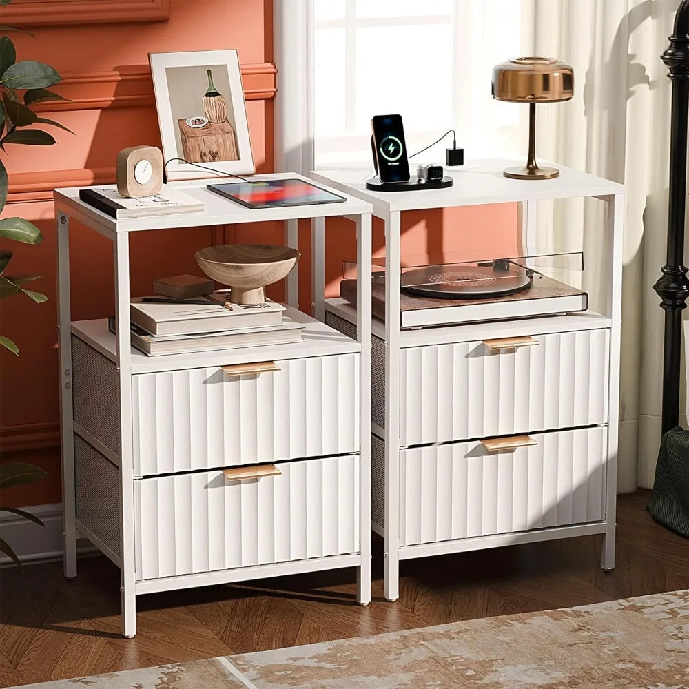 Black Nightstands Set of 2 with Fabric Drawers