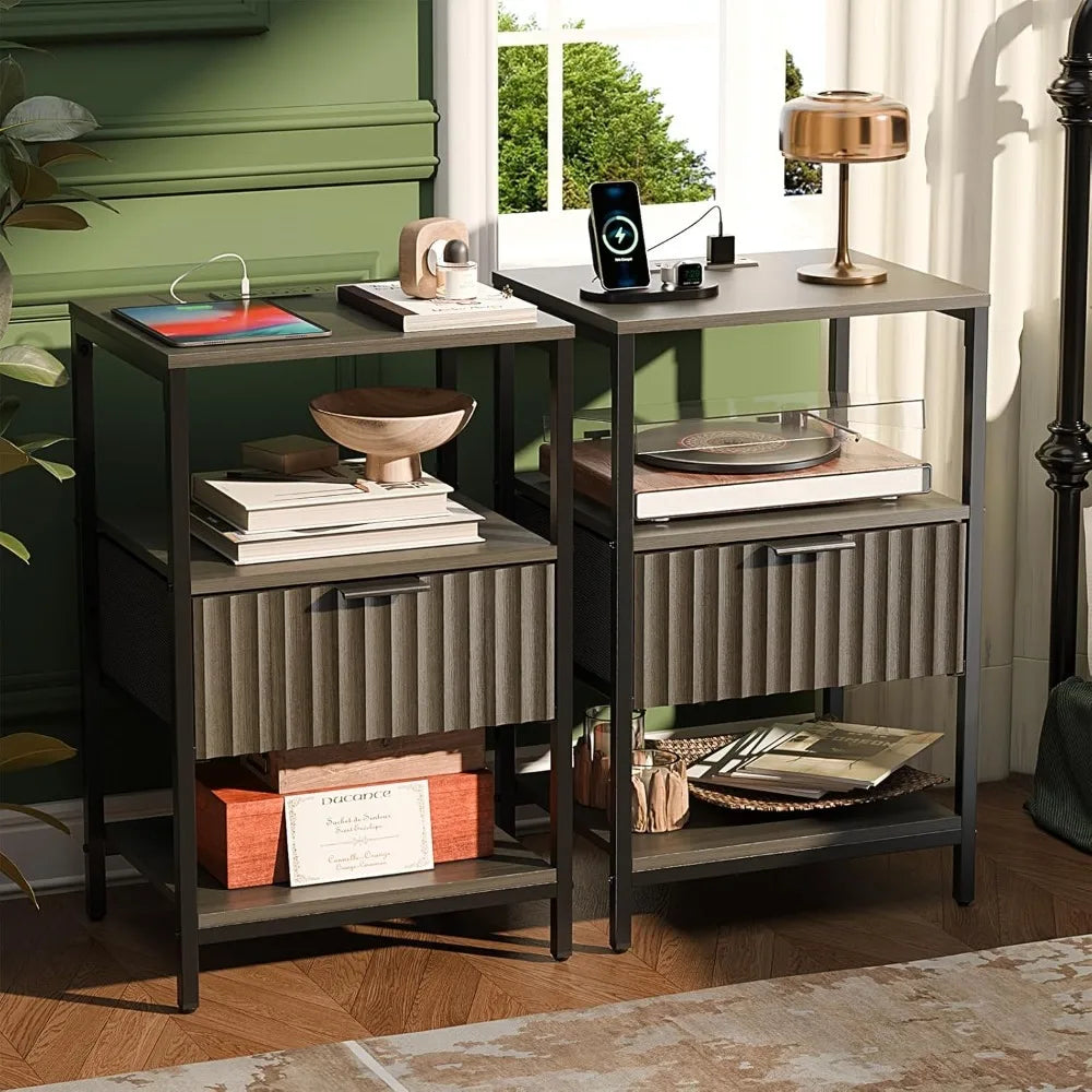 Black Nightstands Set of 2 with Fabric Drawers
