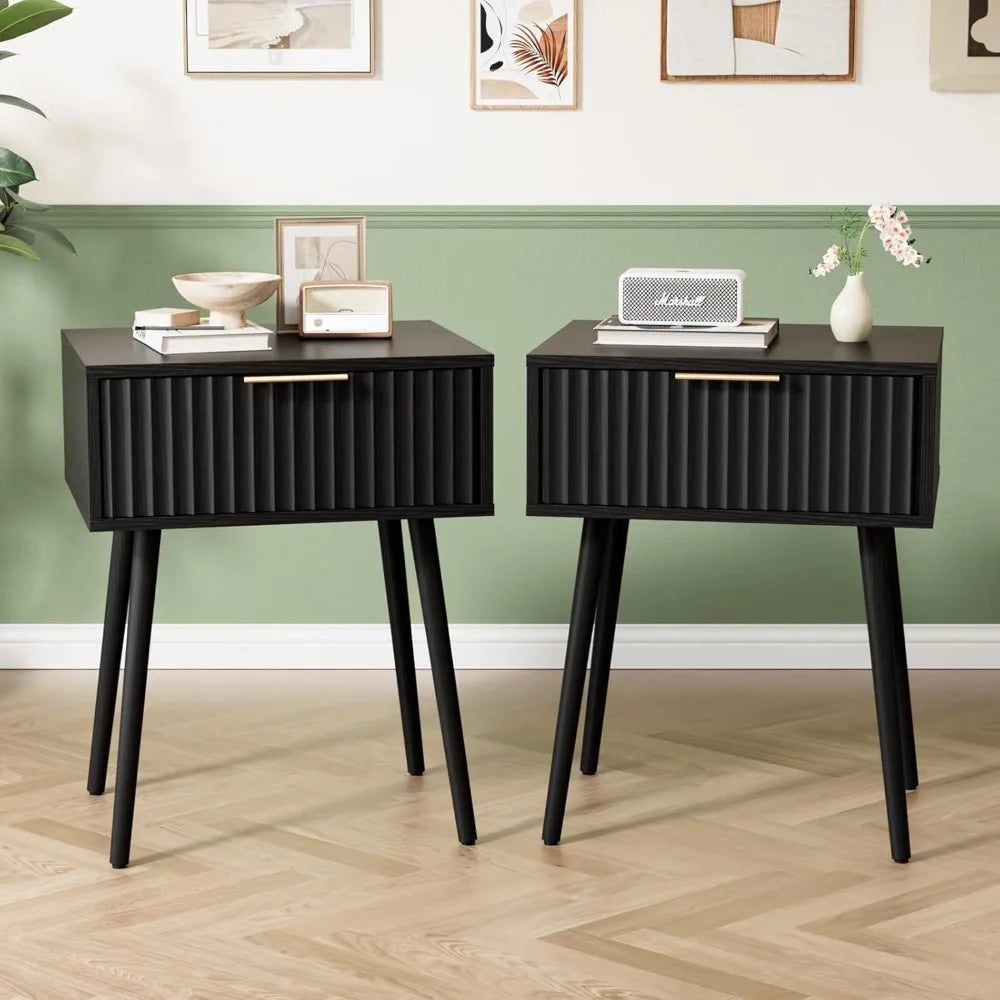 Black Nightstands Set of 2 with Fabric Drawers