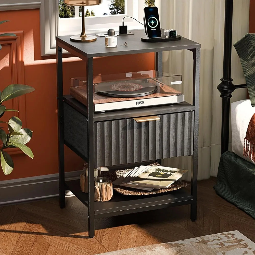 Black Nightstands Set of 2 with Fabric Drawers