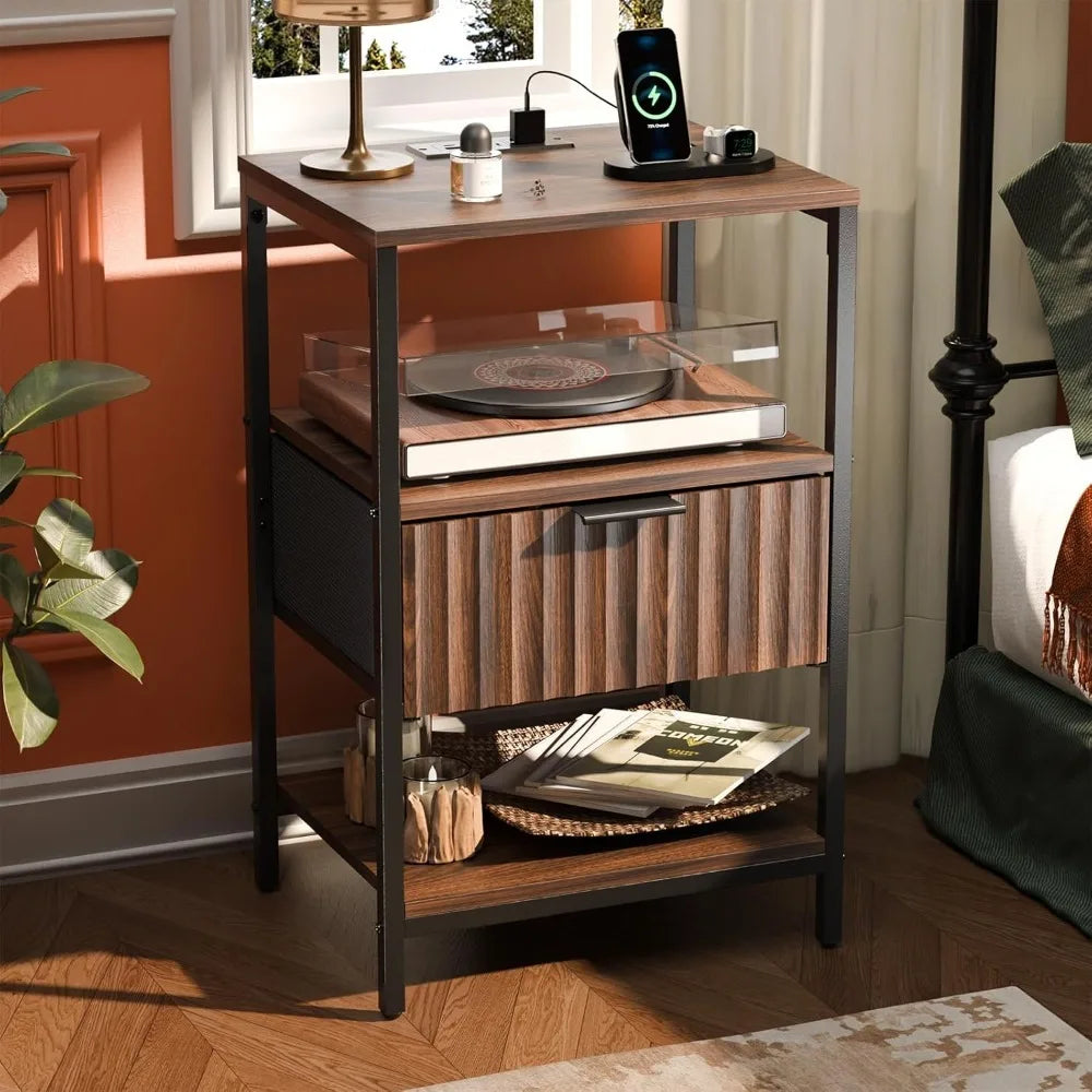 Black Nightstands Set of 2 with Fabric Drawers