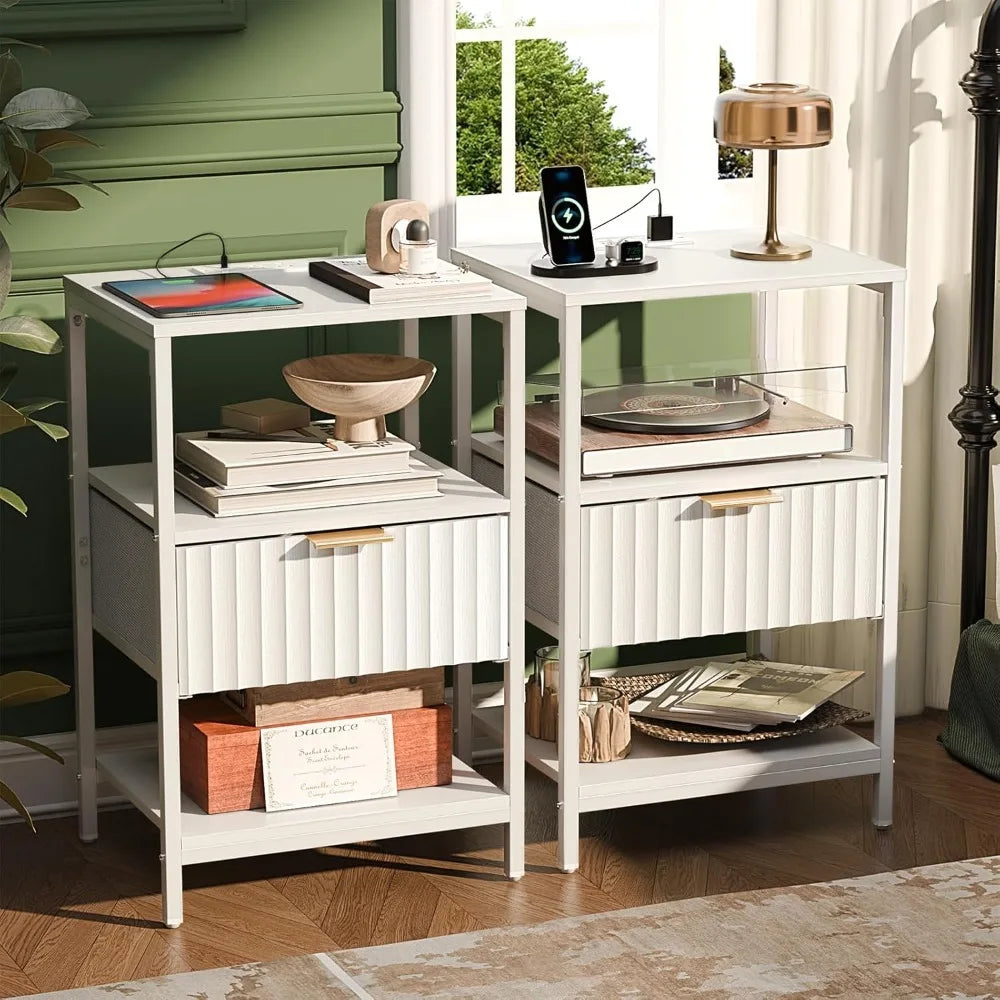 Black Nightstands Set of 2 with Fabric Drawers
