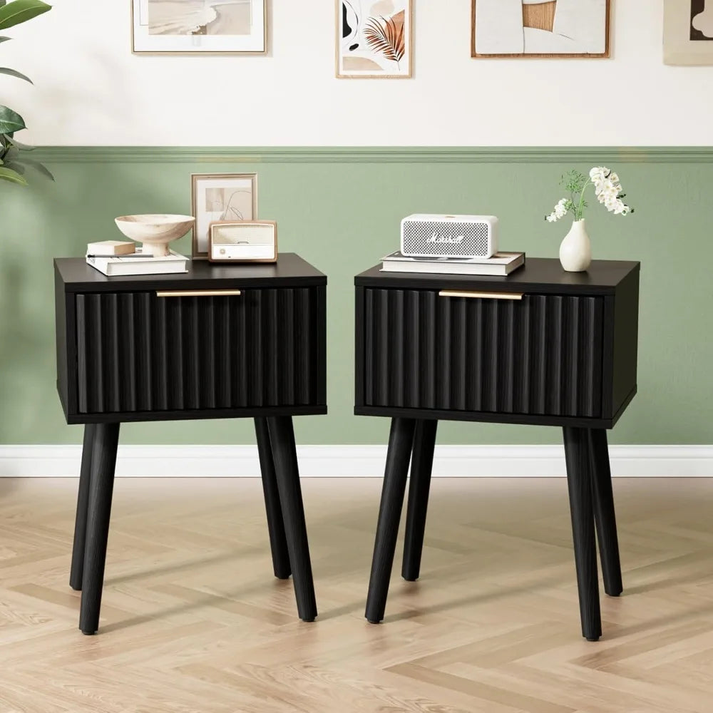 Black Nightstands Set of 2 with Fabric Drawers