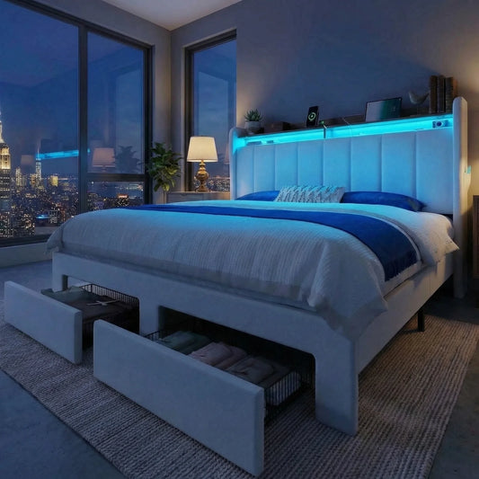 Bed Frame, 2 Storage Drawers/Tier Shelves