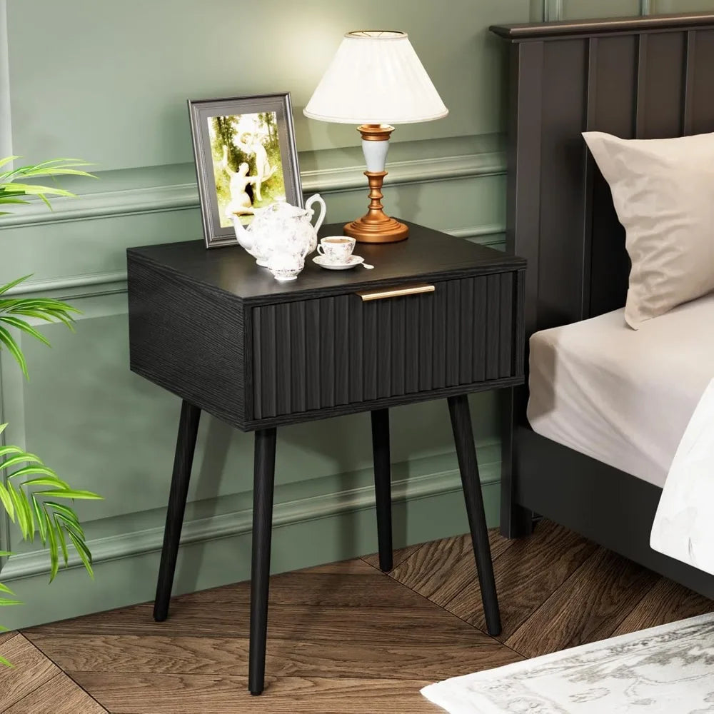 Black Nightstands Set of 2 with Fabric Drawers