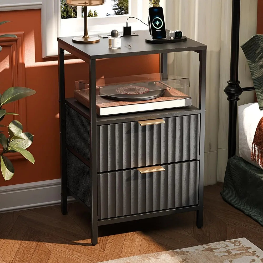 Black Nightstands Set of 2 with Fabric Drawers