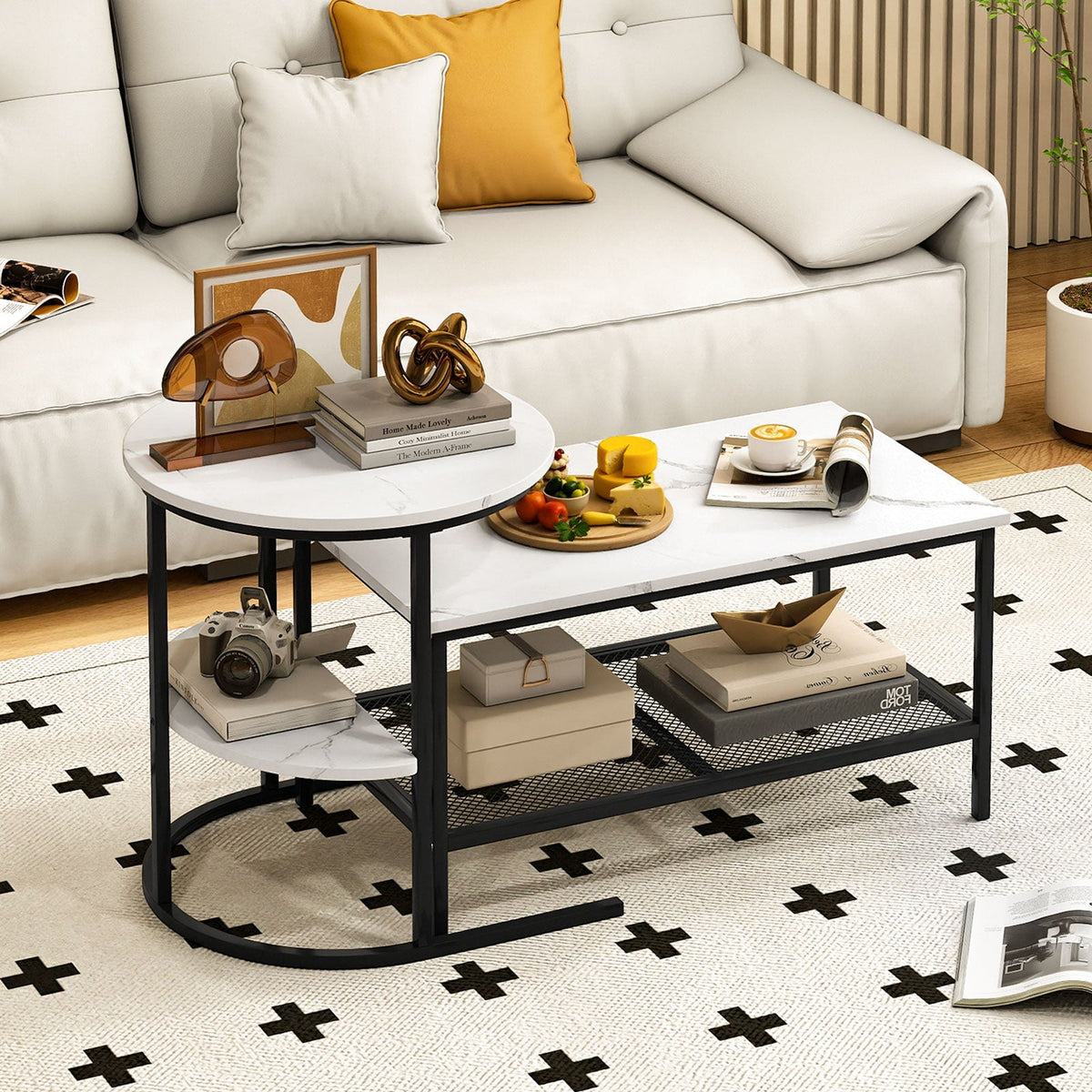 Coffee Table 2-Tier Rectangle Coffee Table and Side End Table with Storage Shelves