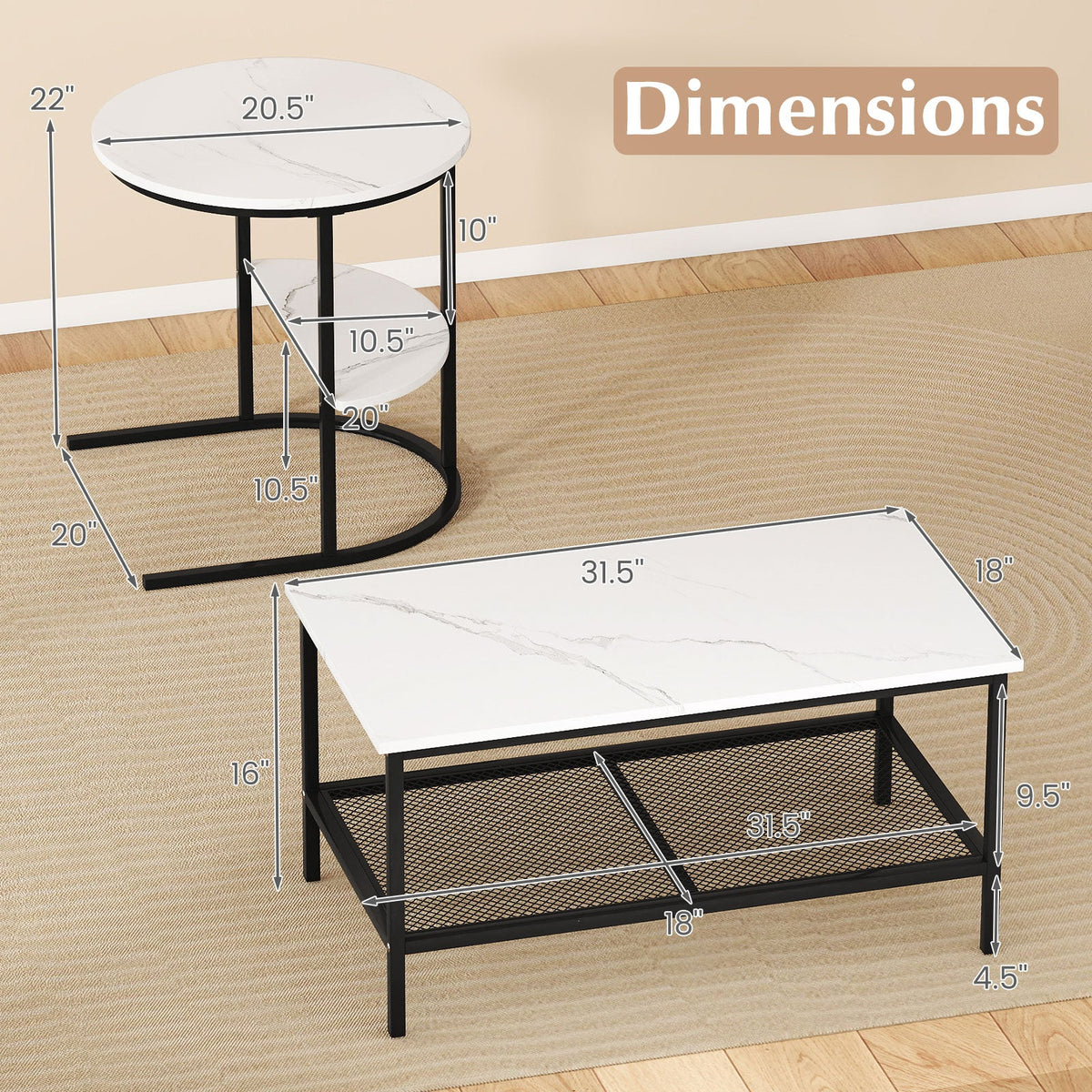 Coffee Table 2-Tier Rectangle Coffee Table and Side End Table with Storage Shelves