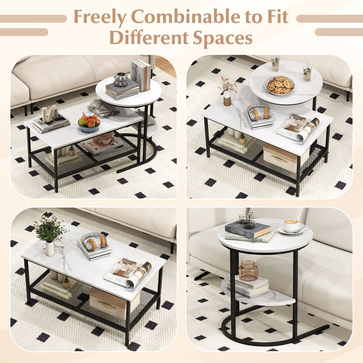 Coffee Table 2-Tier Rectangle Coffee Table and Side End Table with Storage Shelves