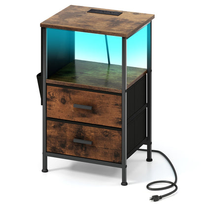 End Table with Charging Station Set of 2 Nightstand with 2 Folding Fabric Drawers