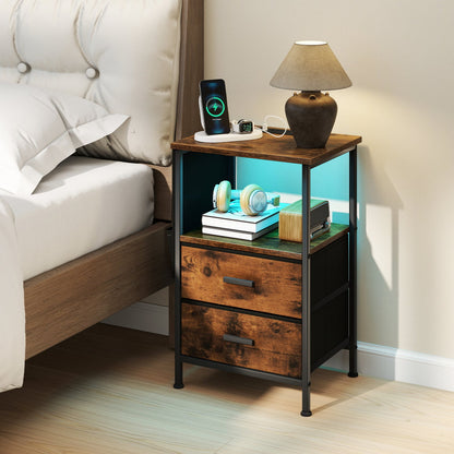 End Table with Charging Station Set of 2 Nightstand with 2 Folding Fabric Drawers