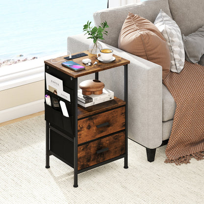 End Table with Charging Station Set of 2 Nightstand with 2 Folding Fabric Drawers