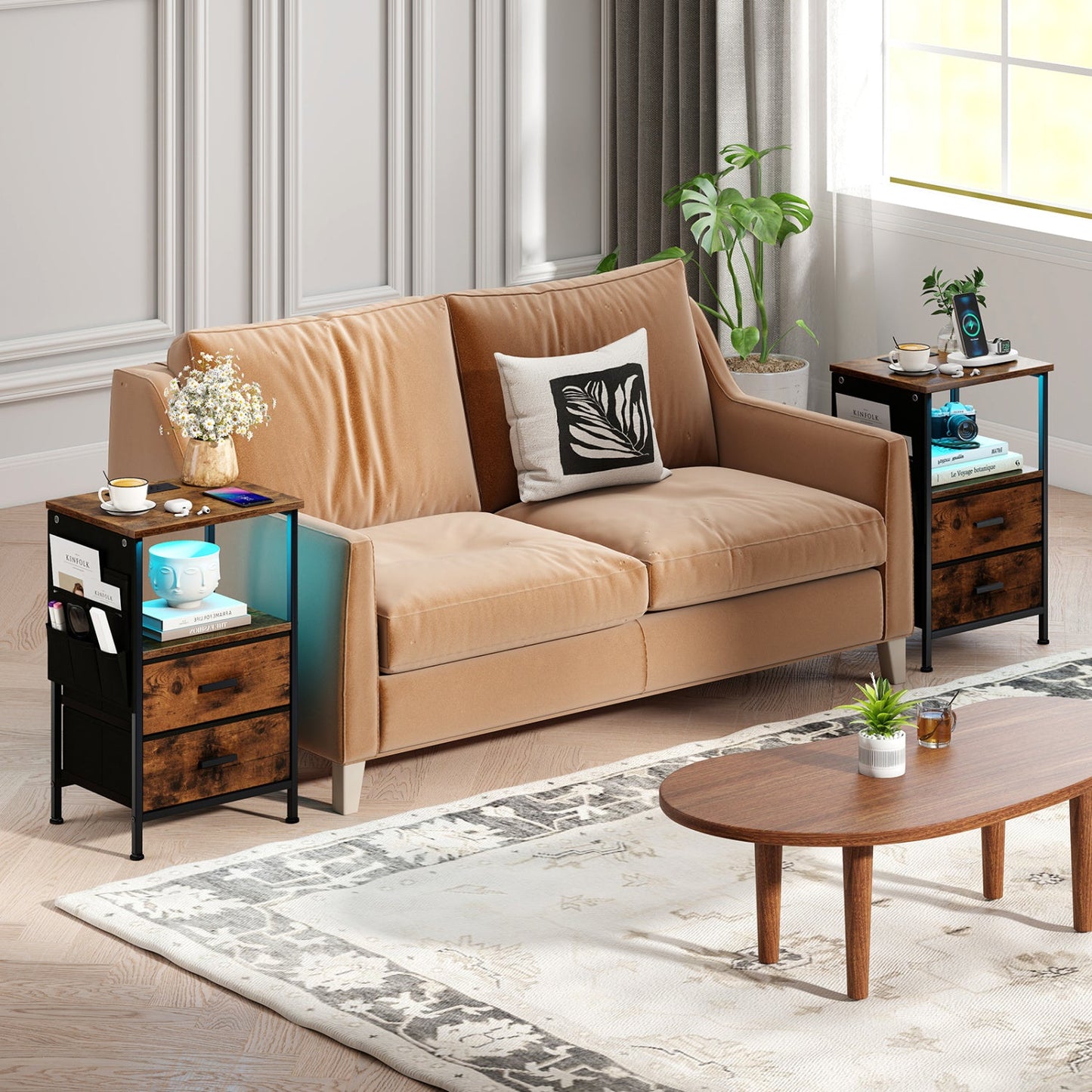 End Table with Charging Station Set of 2 Nightstand with 2 Folding Fabric Drawers