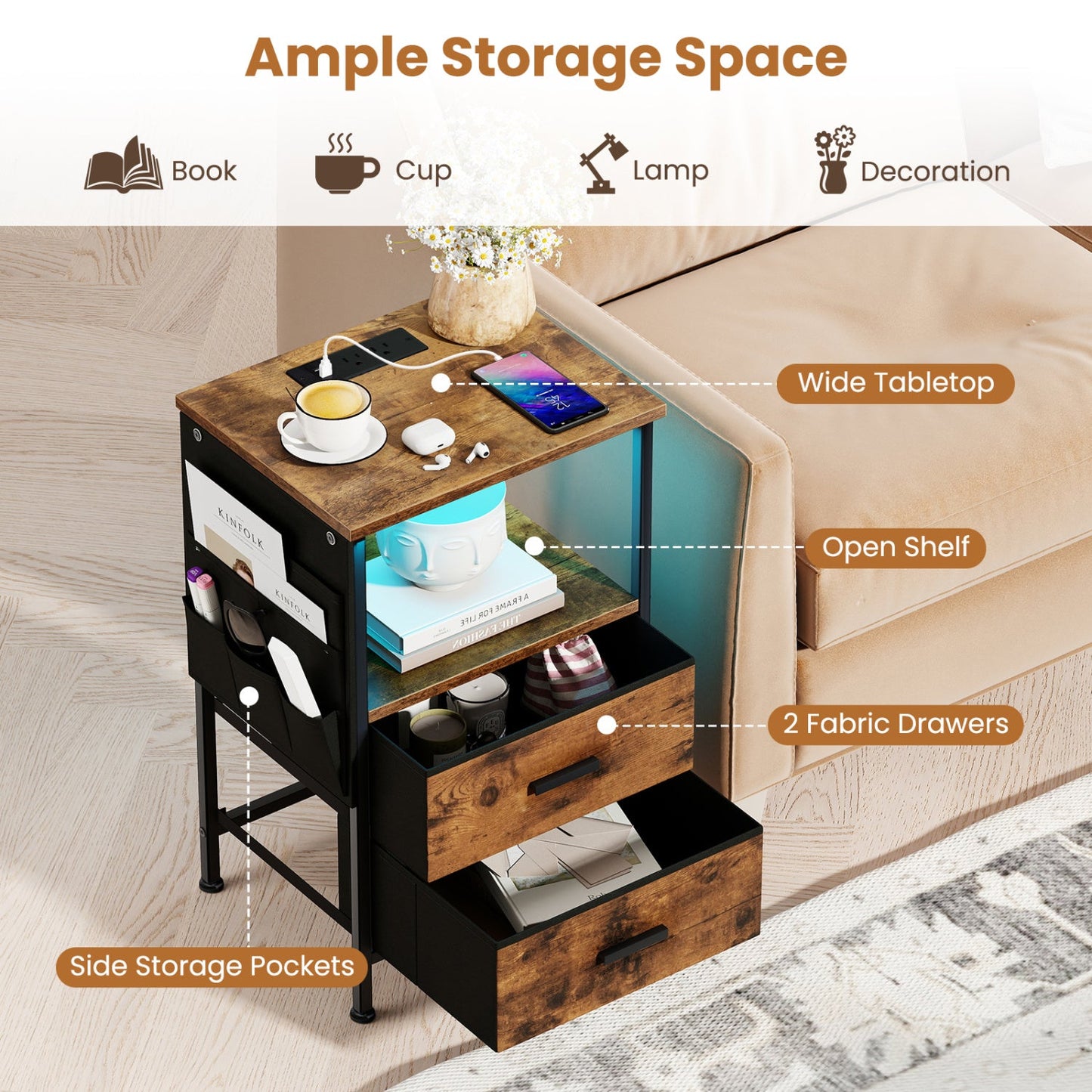 End Table with Charging Station Set of 2 Nightstand with 2 Folding Fabric Drawers