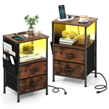 End Table with Charging Station Set of 2 Nightstand with 2 Folding Fabric Drawers