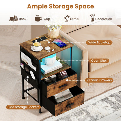 End Table with Charging Station Set of 2 Nightstand with 2 Folding Fabric Drawers