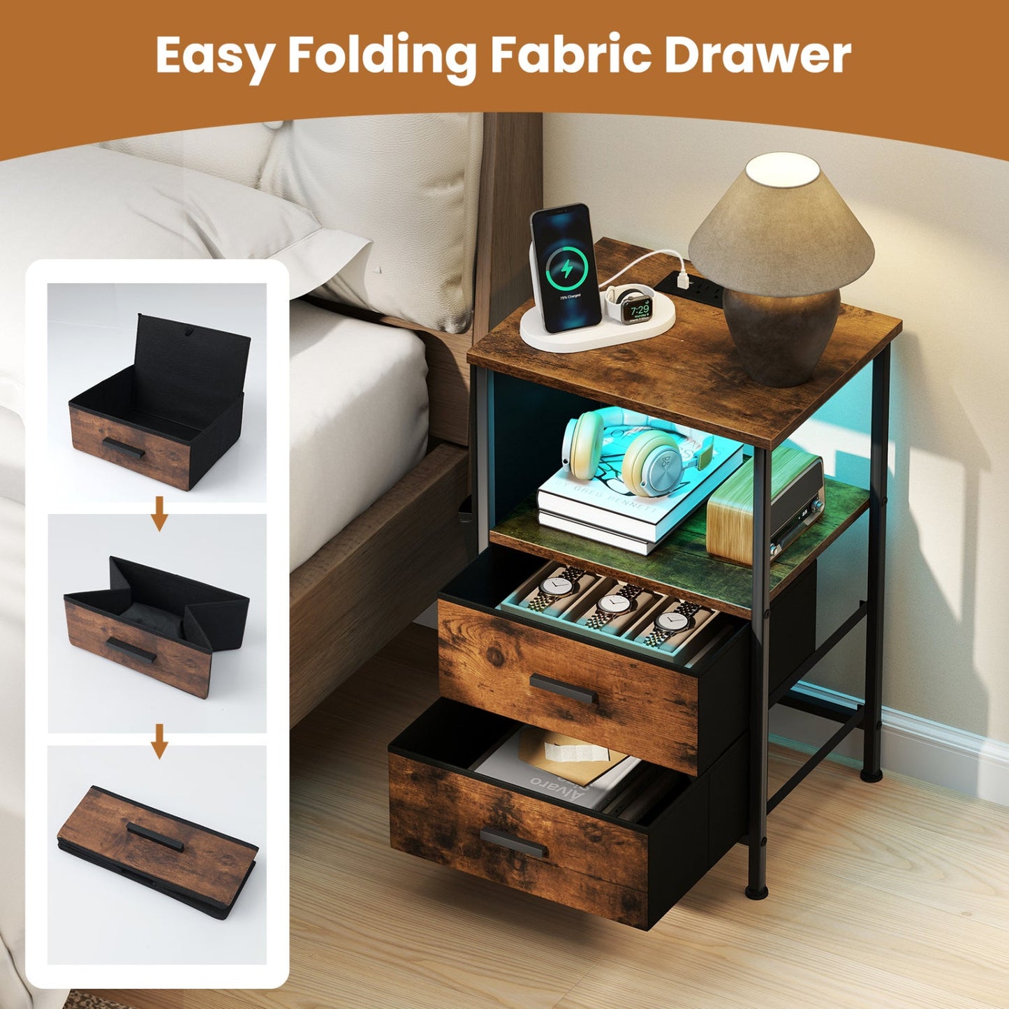 End Table with Charging Station Set of 2 Nightstand with 2 Folding Fabric Drawers