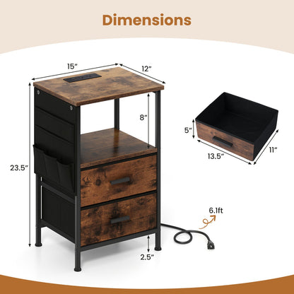 End Table with Charging Station Set of 2 Nightstand with 2 Folding Fabric Drawers