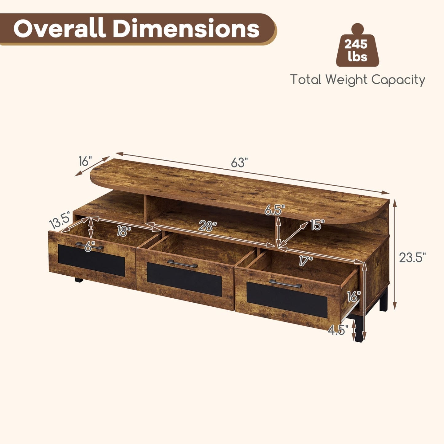 Entertainment Center with 3 Storage Drawers and Open Shelves