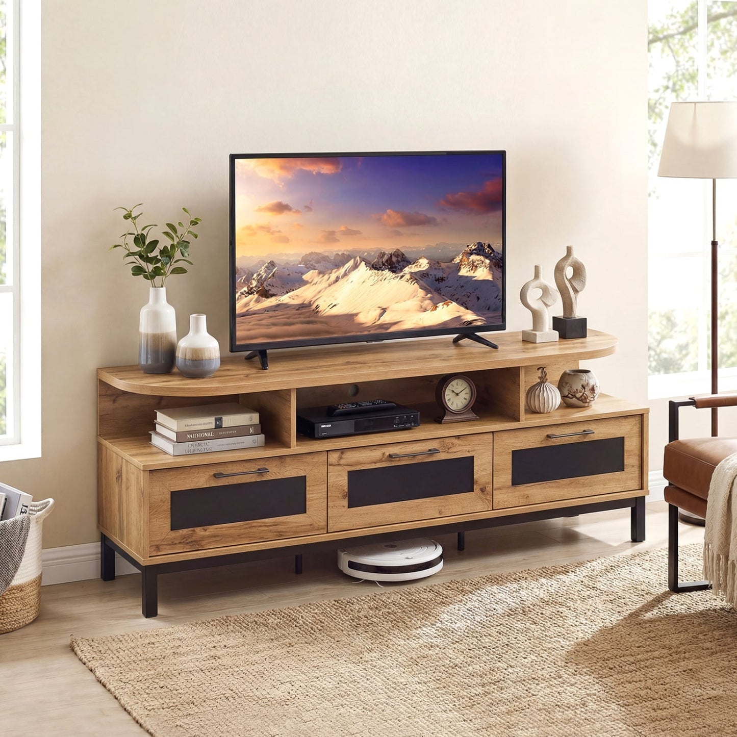 Entertainment Center with 3 Storage Drawers and Open Shelves