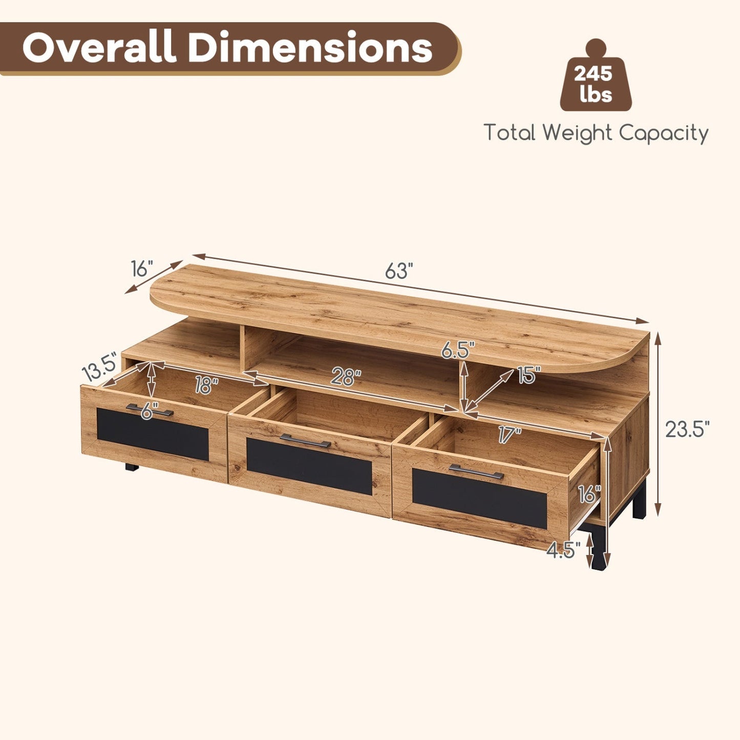 Entertainment Center with 3 Storage Drawers and Open Shelves