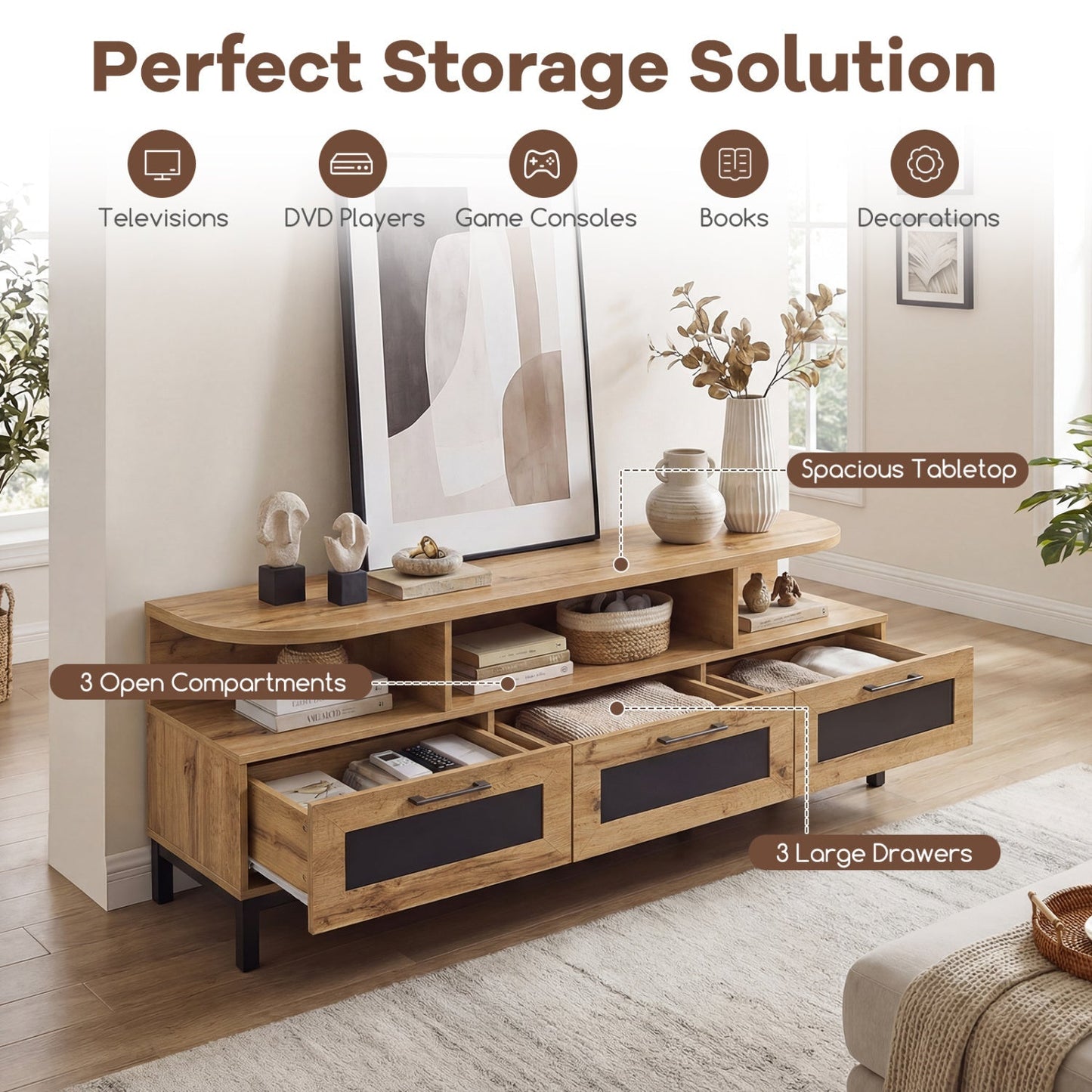 Entertainment Center with 3 Storage Drawers and Open Shelves