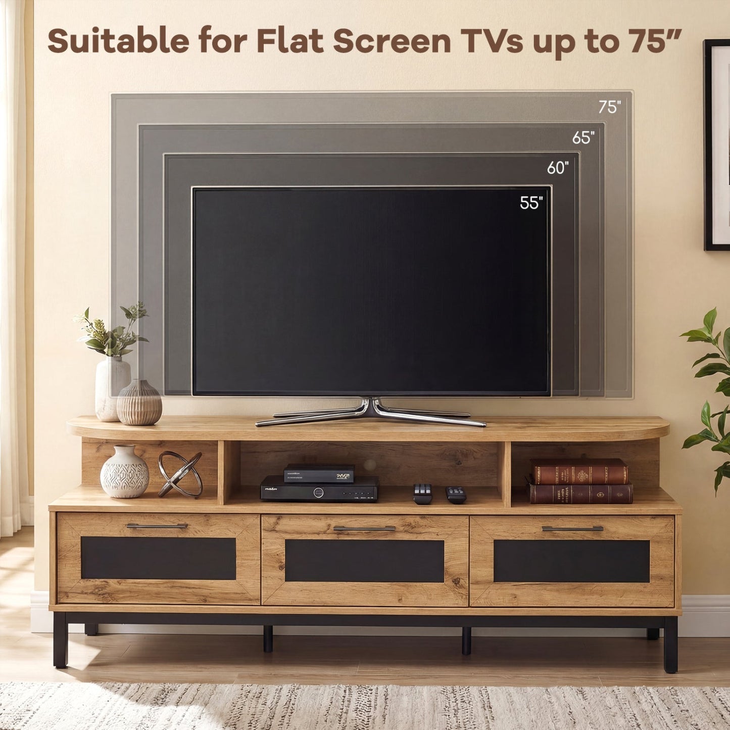 Entertainment Center with 3 Storage Drawers and Open Shelves