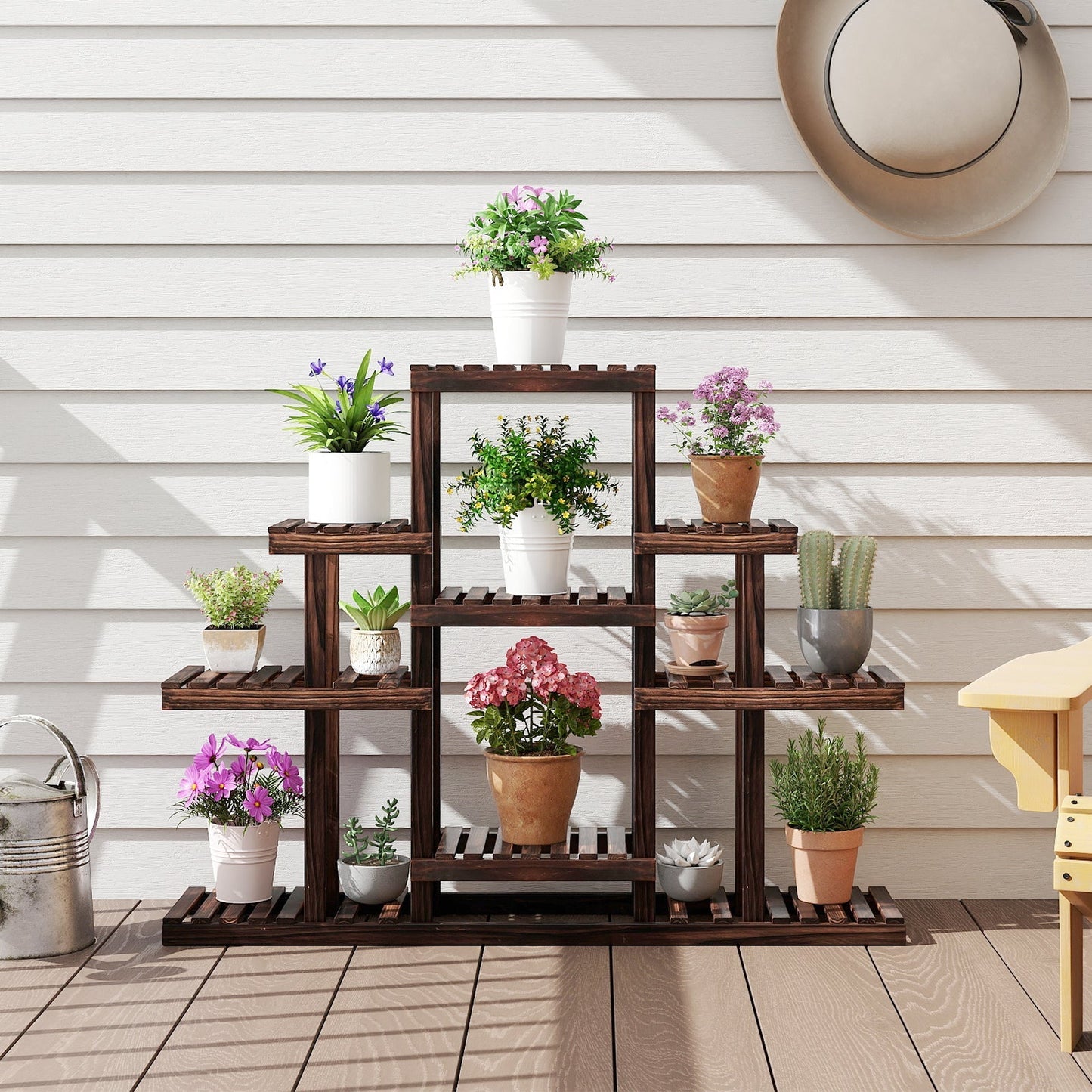 Indoor Outdoor Wood Plant Stand Multi-Tiered Corner Plant Shelf Flowerpot Holder-Brown