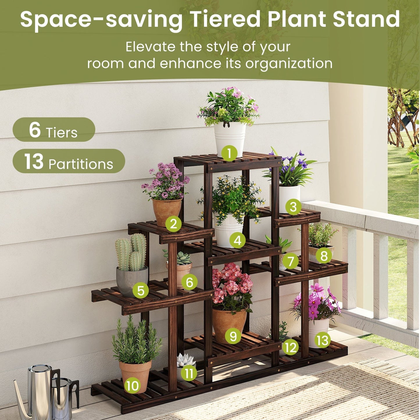 Indoor Outdoor Wood Plant Stand Multi-Tiered Corner Plant Shelf Flowerpot Holder-Brown