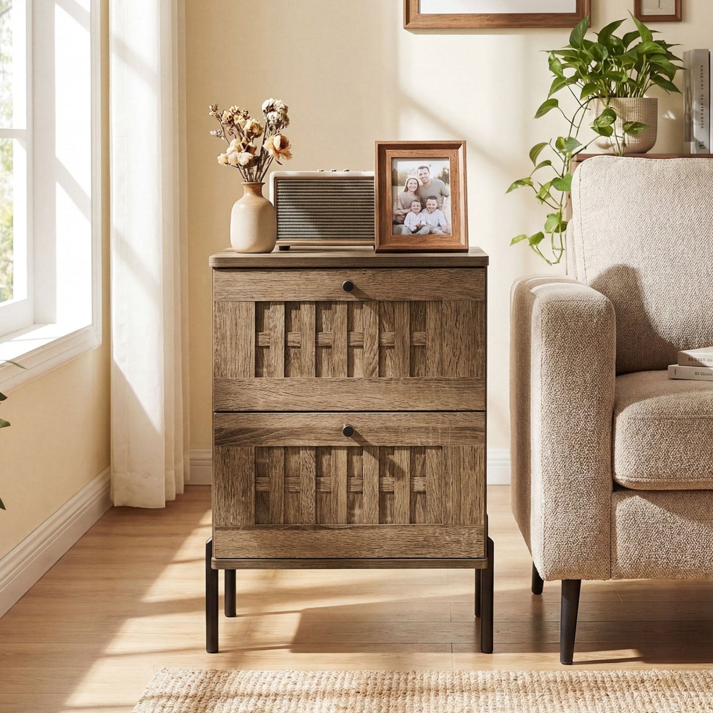 Nightstand Mid Century Modern End Table with Storage Drawers-Rustic Brown