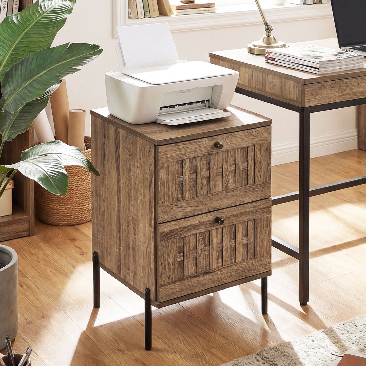 Nightstand Mid Century Modern End Table with Storage Drawers-Rustic Brown