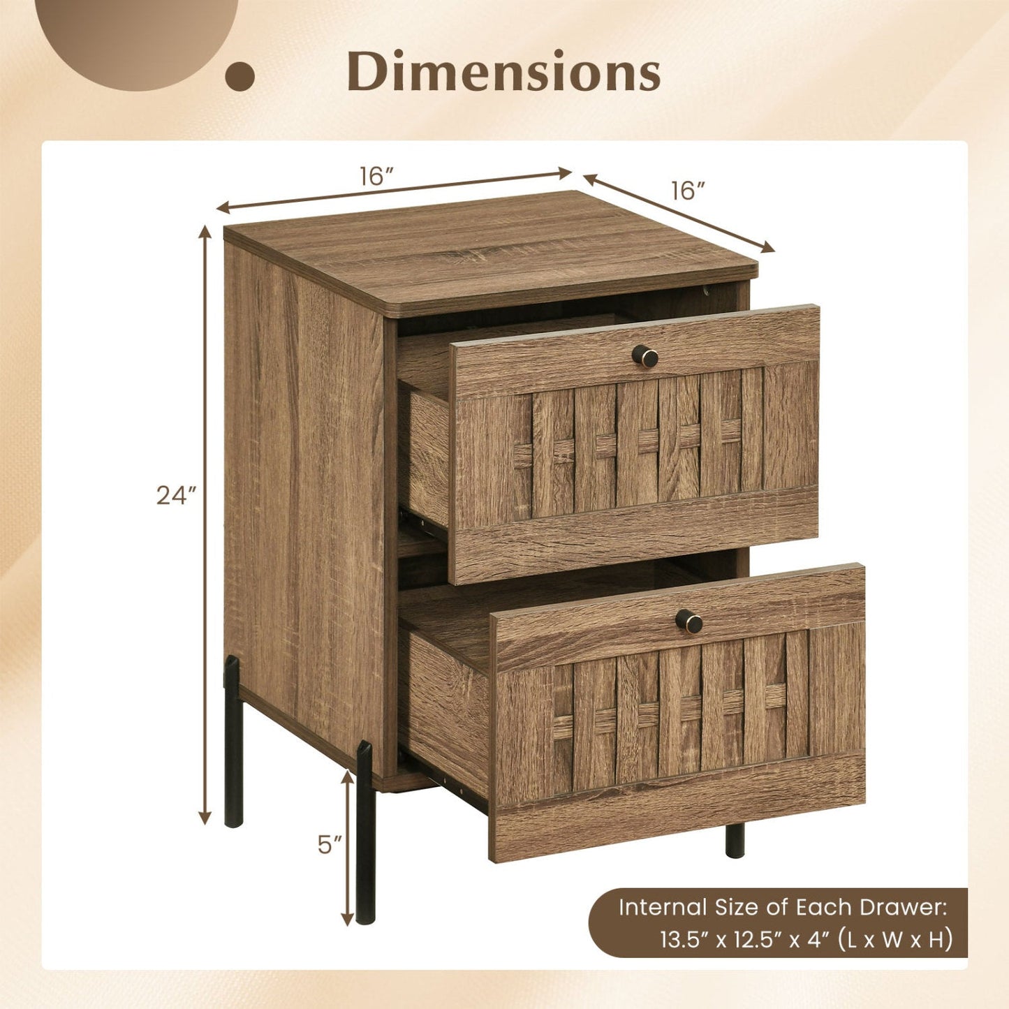 Nightstand Mid Century Modern End Table with Storage Drawers-Rustic Brown