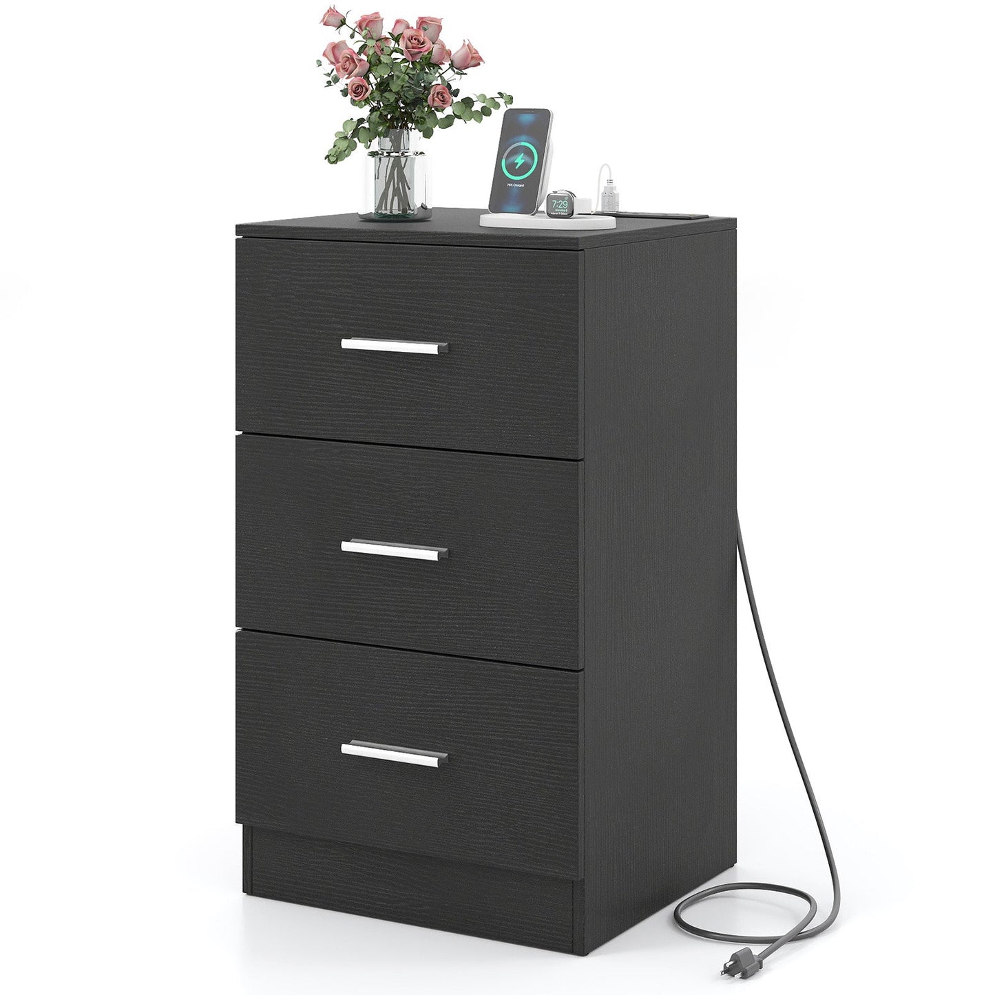 Nightstand with Charging Station End Table with 3 Storage Drawers Bedside Table for Bedroom