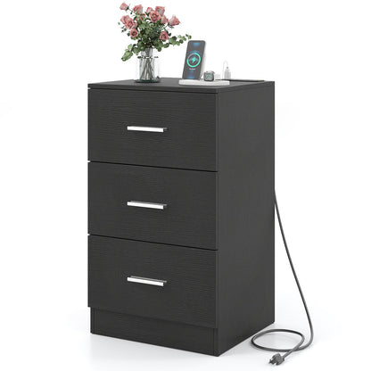 Nightstand with Charging Station End Table with 3 Storage Drawers Bedside Table for Bedroom