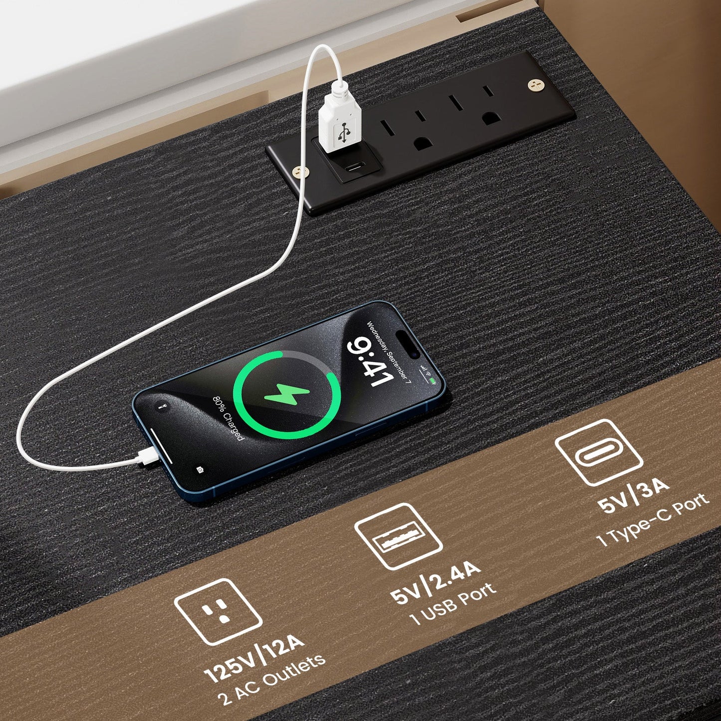 Nightstand with Charging Station End Table with 3 Storage Drawers Bedside Table for Bedroom