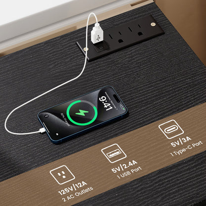 Nightstand with Charging Station End Table with 3 Storage Drawers Bedside Table for Bedroom
