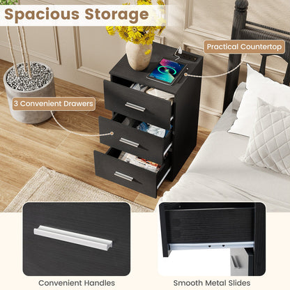 Nightstand with Charging Station End Table with 3 Storage Drawers Bedside Table for Bedroom