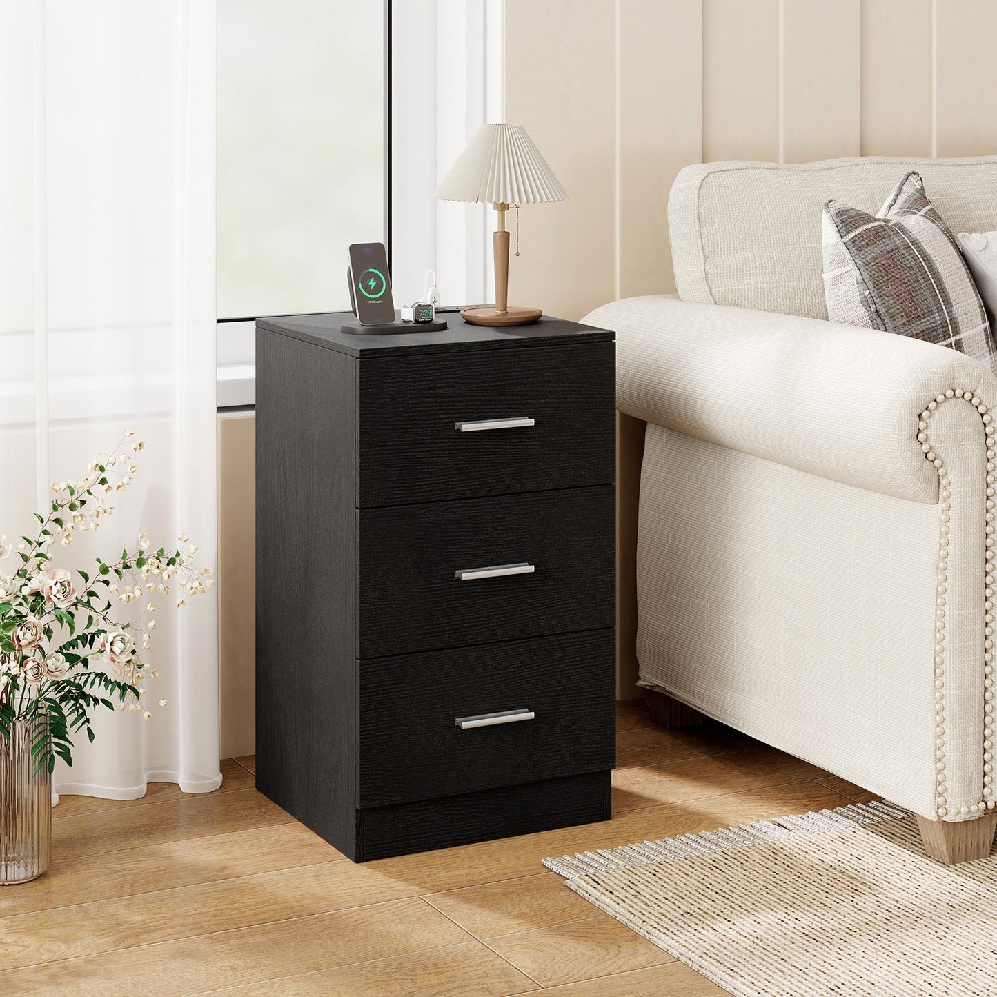 Nightstand with Charging Station End Table with 3 Storage Drawers Bedside Table for Bedroom