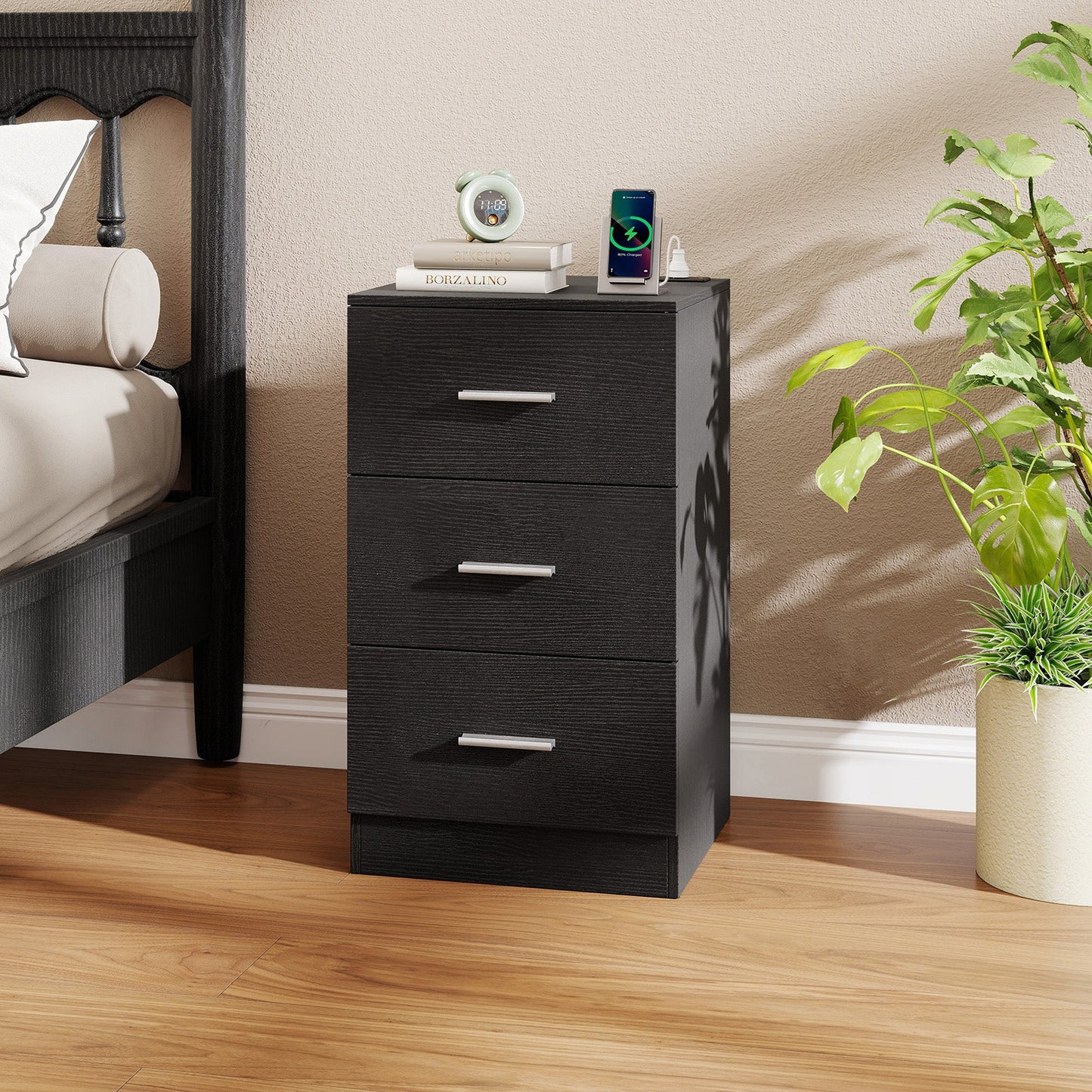 Nightstand with Charging Station End Table with 3 Storage Drawers Bedside Table for Bedroom