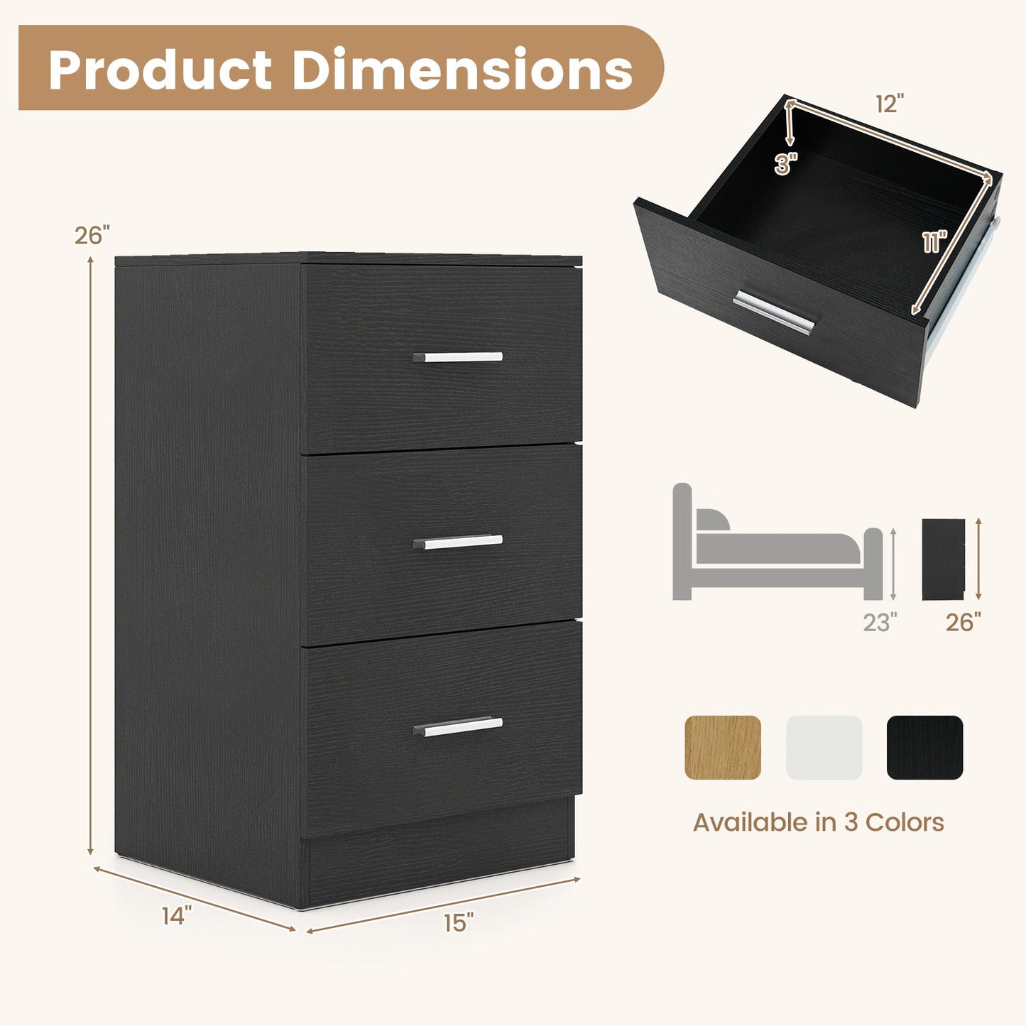 Nightstand with Charging Station End Table with 3 Storage Drawers Bedside Table for Bedroom