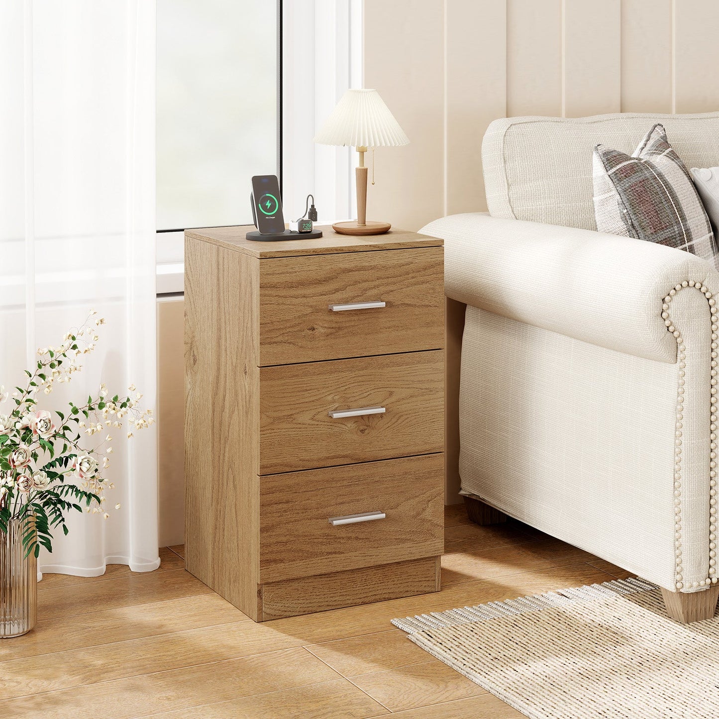 Nightstand with Charging Station End Table with 3 Storage Drawers Bedside Table for Bedroom