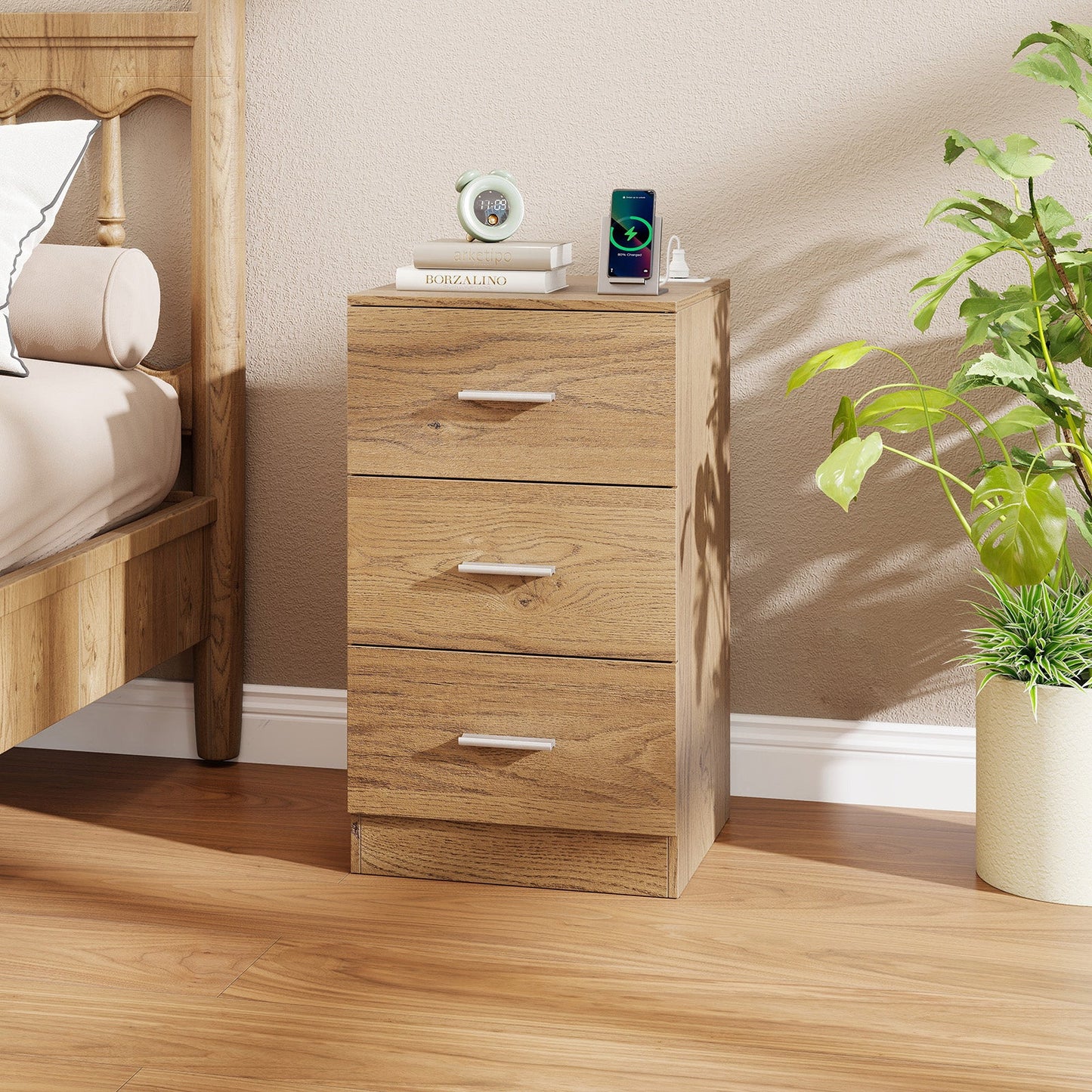 Nightstand with Charging Station End Table with 3 Storage Drawers Bedside Table for Bedroom