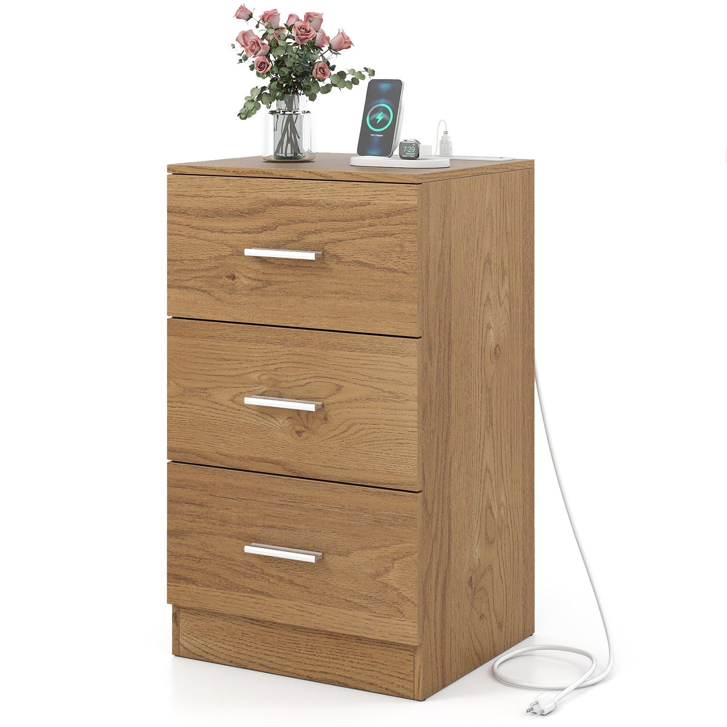 Nightstand with Charging Station End Table with 3 Storage Drawers Bedside Table for Bedroom