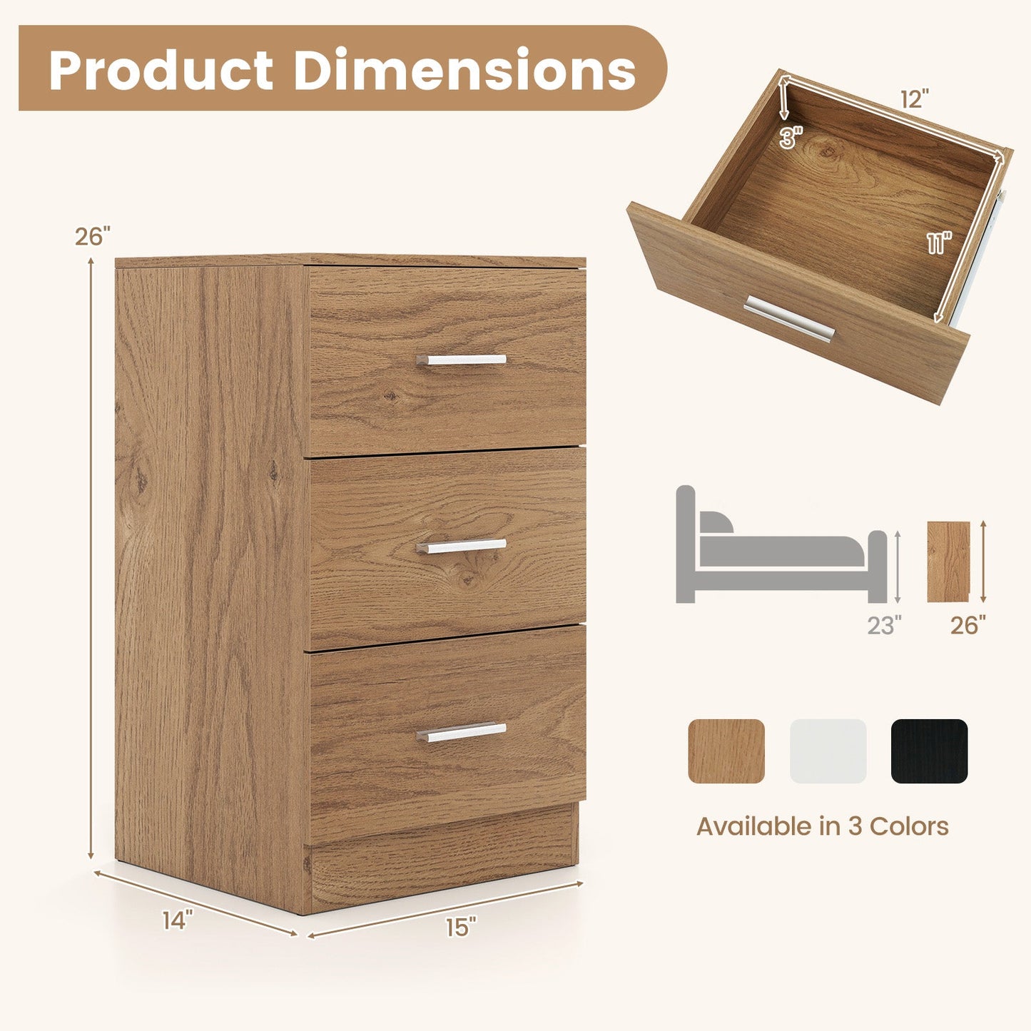 Nightstand with Charging Station End Table with 3 Storage Drawers Bedside Table for Bedroom
