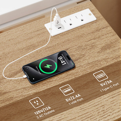 Nightstand with Charging Station End Table with 3 Storage Drawers Bedside Table for Bedroom