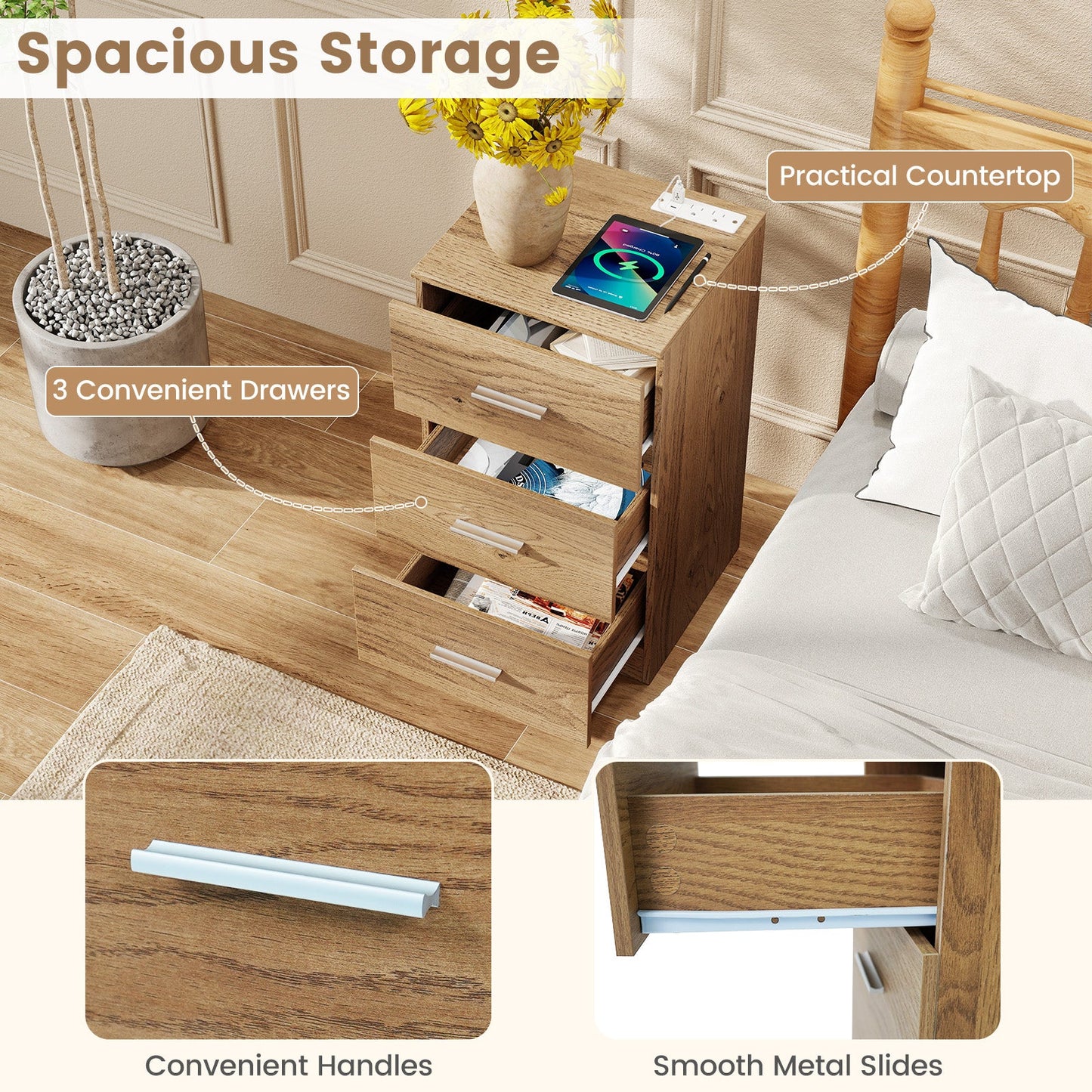 Nightstand with Charging Station End Table with 3 Storage Drawers Bedside Table for Bedroom